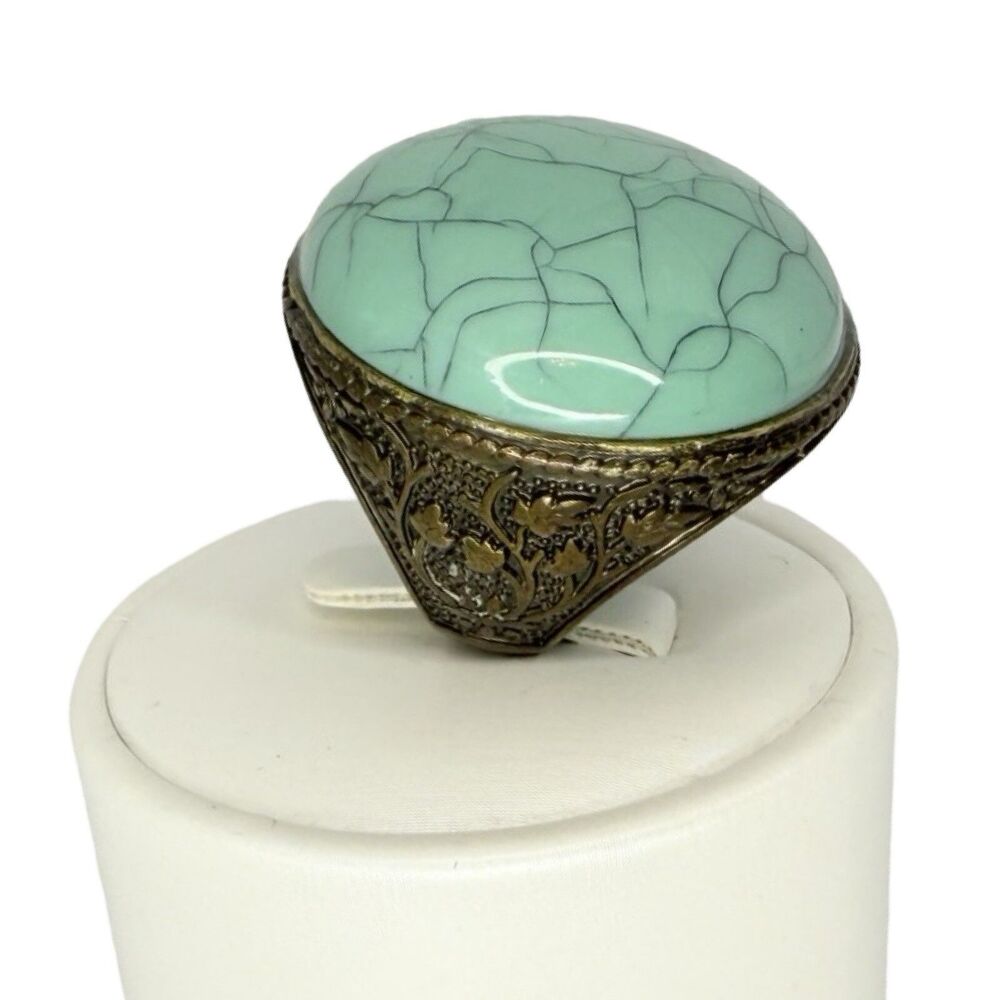 Faux Turquoise Ring Cocktail Brass Dome Filigree Statement Size 7